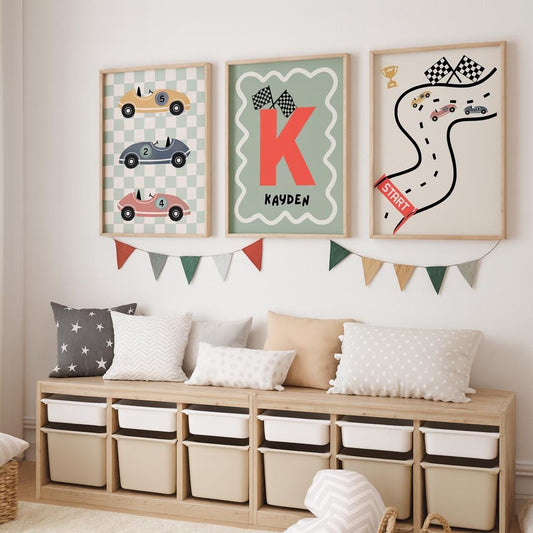 Set of 3 personalised racing car prints for boys bedroom or nursery