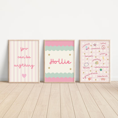 girls affirmation bright personalised wall print set for bedroom or nursery