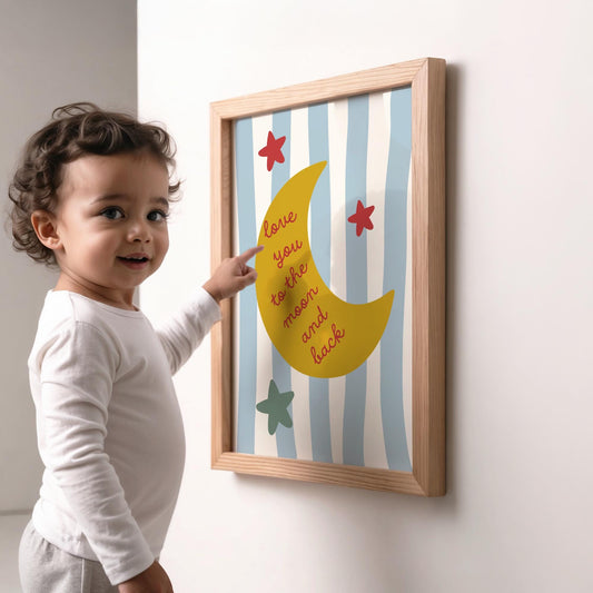 Love You To The Moon Print: Blue Striped Nursery Decor