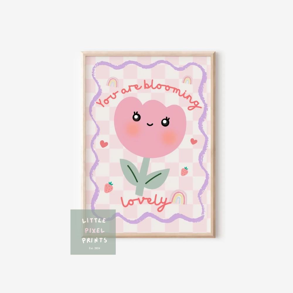 girls floral pink tulip print "you are blooming lovely" wall art for nursery or bedroom