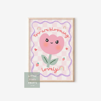 girls floral pink tulip print "you are blooming lovely" wall art for nursery or bedroom