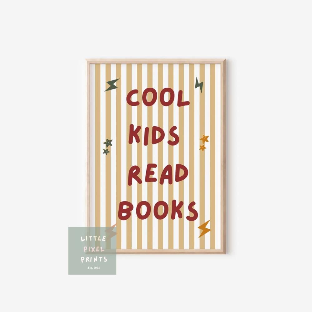 cool kids read books neutral wall print for childrens bedroom, nursery or playroom