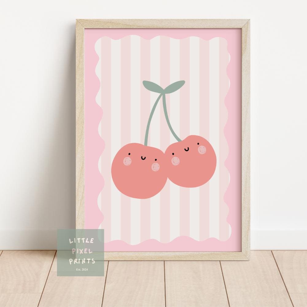 cute happy cherry pink wall print for childrens bedroom, nursery or playroom, boho kids art
