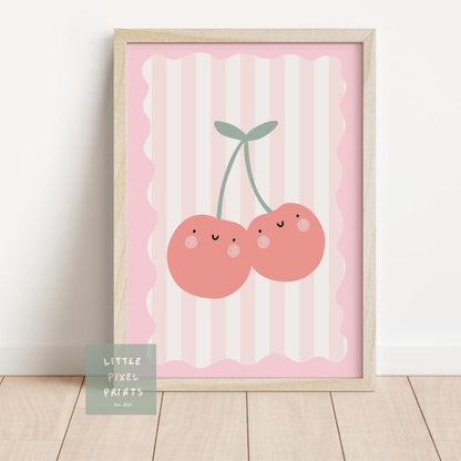 cute happy cherry pink wall print for childrens bedroom, nursery or playroom, boho kids art