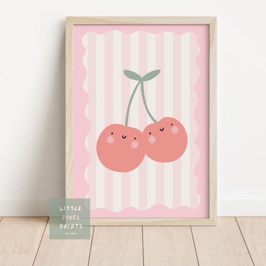 cute happy cherry pink wall print for childrens bedroom, nursery or playroom, boho kids art