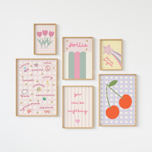 girls bright pastel affirmation personalised wall print set for bedroom or nursery