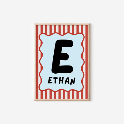 childrens blue and red striped initial name print for bedroom or nursery