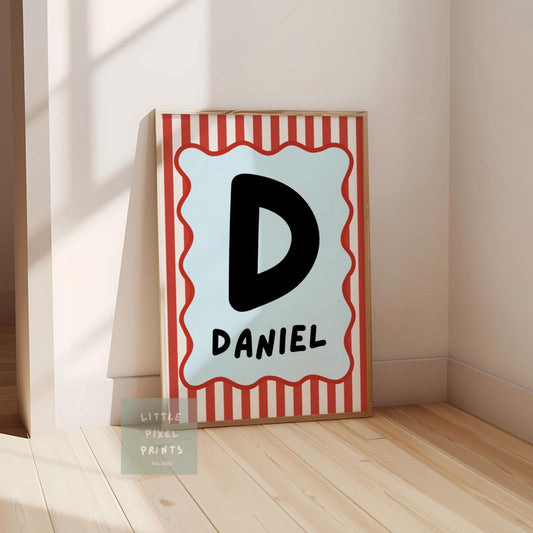 childrens blue and red striped initial name print for bedroom or nursery