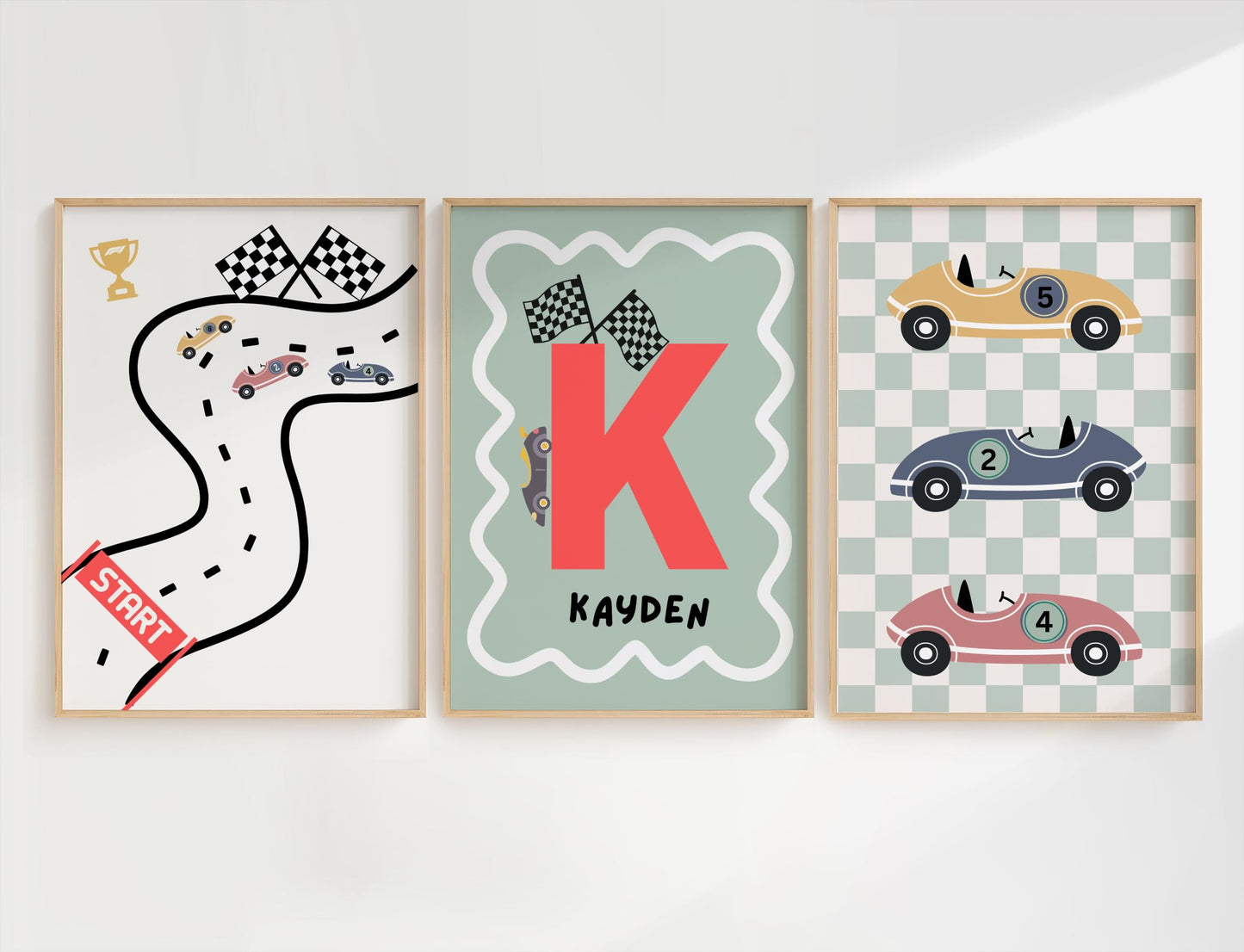 Set of 3 personalised racing car prints for boys bedroom or nursery