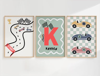 Set of 3 personalised racing car prints for boys bedroom or nursery