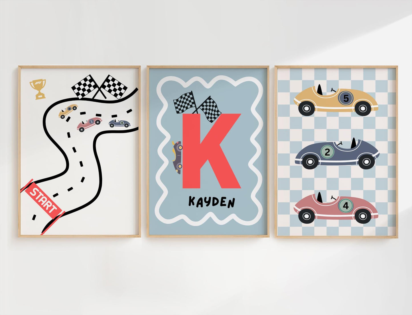 Set of 3 personalised racing car prints for boys bedroom or nursery