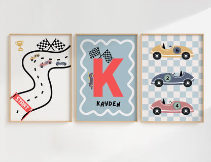 Set of 3 personalised racing car prints for boys bedroom or nursery