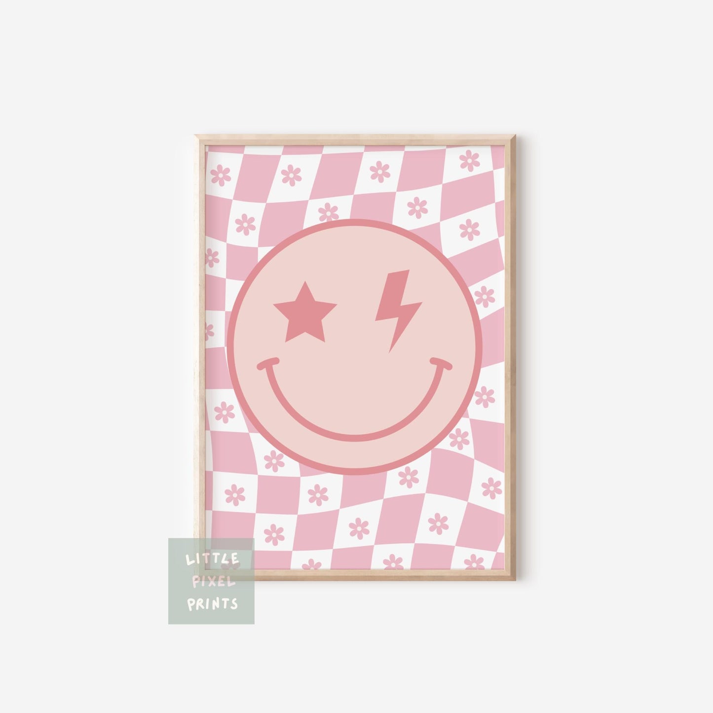 Retro checkered floral happy face print for girls bedroom or nursery