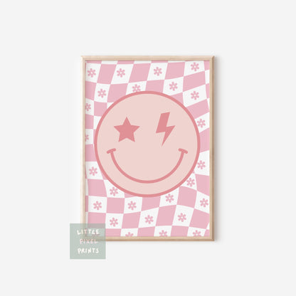 Retro checkered floral happy face print for girls bedroom or nursery