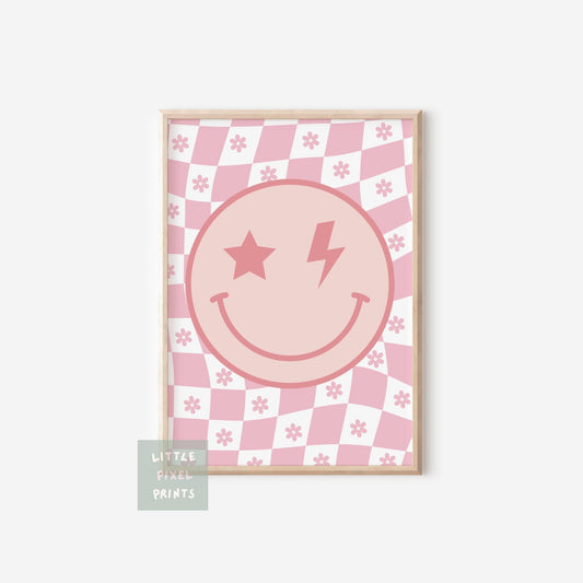 Retro checkered floral happy face print for girls bedroom or nursery