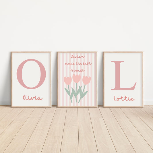 Set of 3 floral personalised sister sibling wall prints for bedroom or nursery