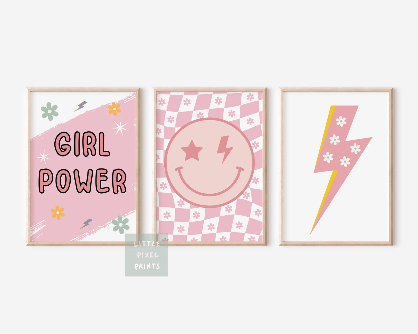 Set of 3 girls retro happy smile face "girl power"  for bedroom or nursery