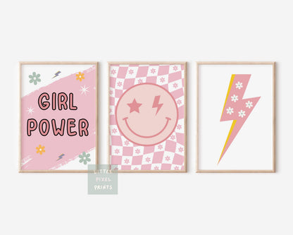 Set of 3 girls retro happy smile face "girl power"  for bedroom or nursery