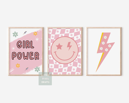 Set of 3 girls retro happy smile face "girl power"  for bedroom or nursery