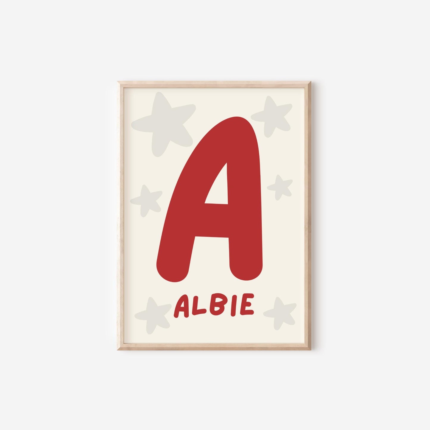 Personalised red Initial Wall Print with star background for bedroom or nursery