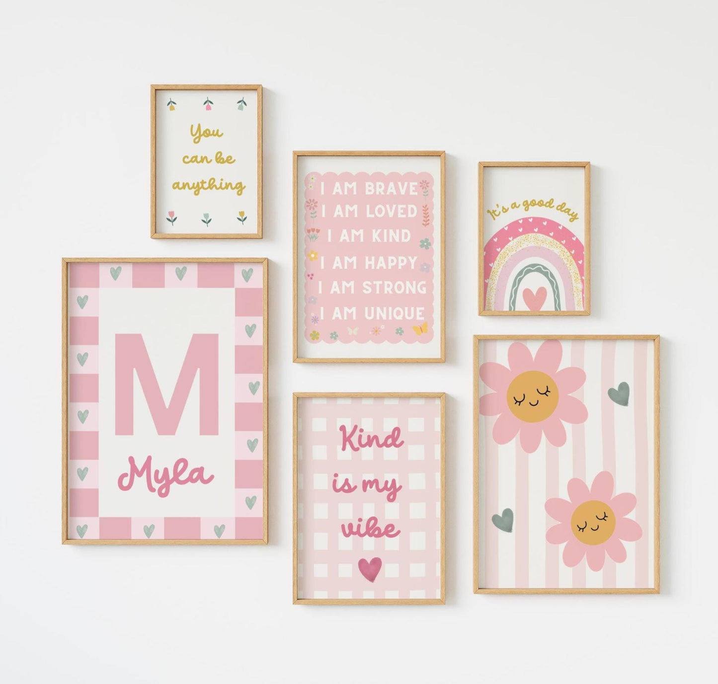 girls pink themed affirmation personalised wall print set for bedroom or nursery