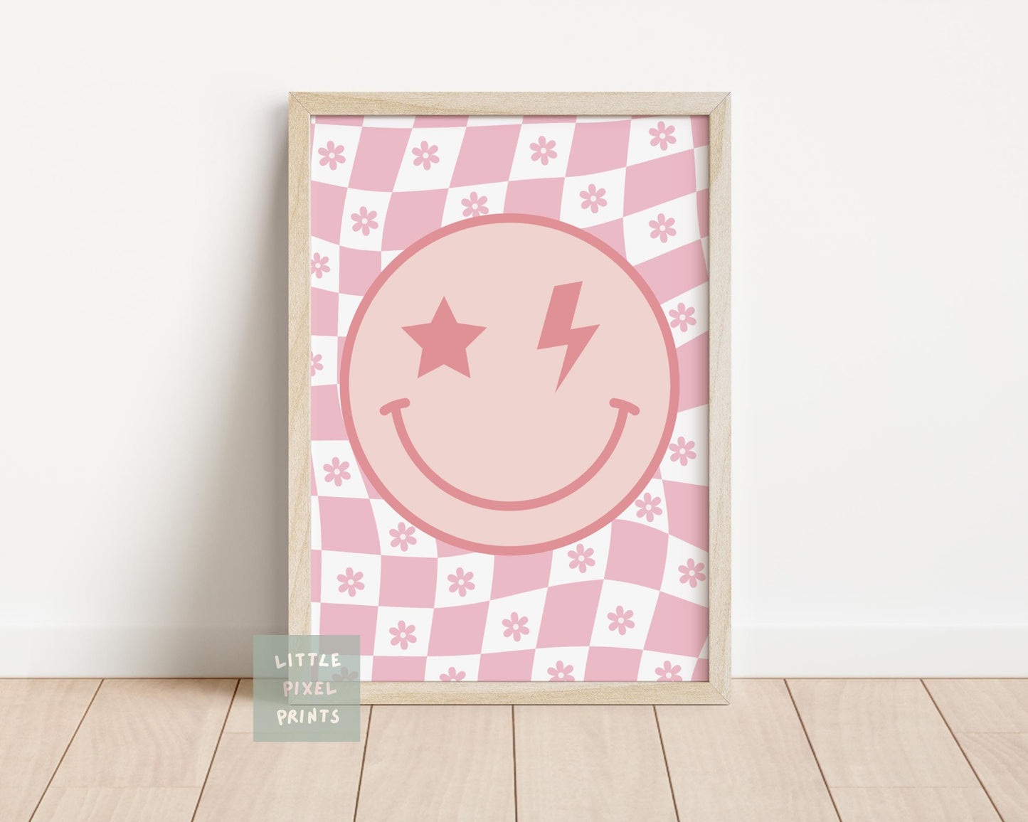 Retro checkered floral happy face print for girls bedroom or nursery