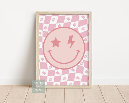 Retro checkered floral happy face print for girls bedroom or nursery