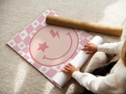 Retro checkered floral happy face print for girls bedroom or nursery