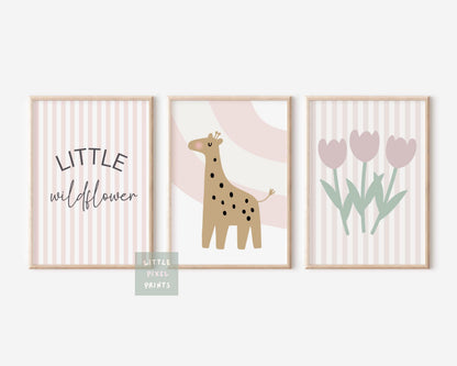 Giraffe Nursery Print Set: Pink Floral, Little Wildflower