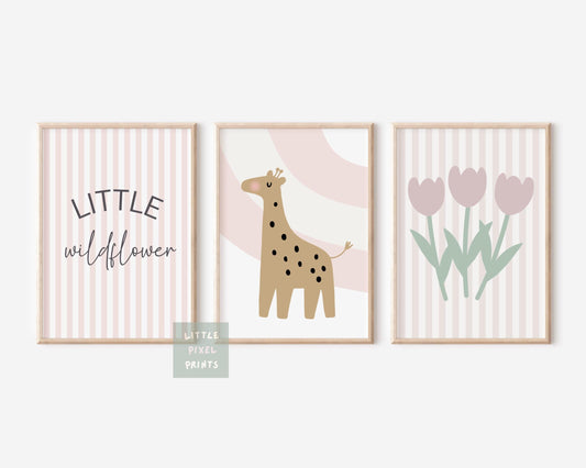Giraffe Nursery Print Set: Pink Floral, Little Wildflower