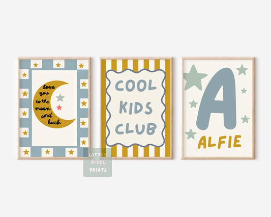 cool kids club personalised moon and stars wall print set