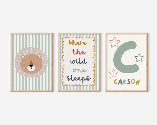 childrens personalised safari print set "where the wild one sleeps"