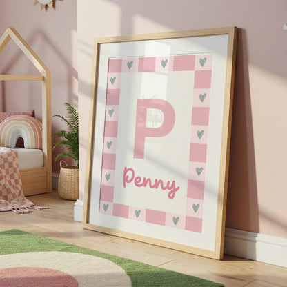 girls inital and name personalised heart wall print for bedroom, nursery or playroom