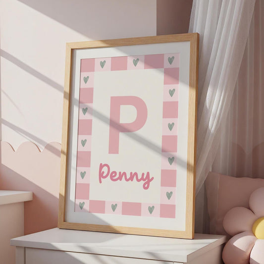 girls inital and name personalised heart wall print for bedroom, nursery or playroom