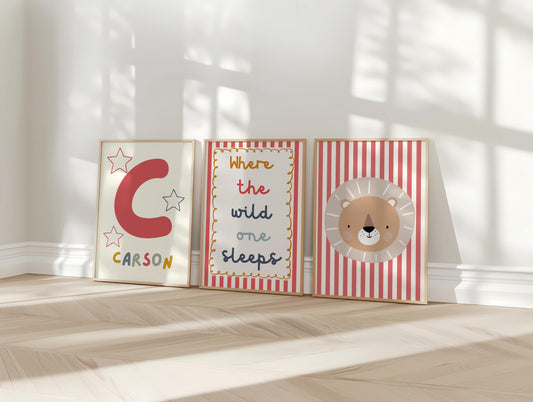 childrens bright personalised safari print set "where the wild one sleeps"