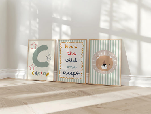 childrens personalised safari print set "where the wild one sleeps"