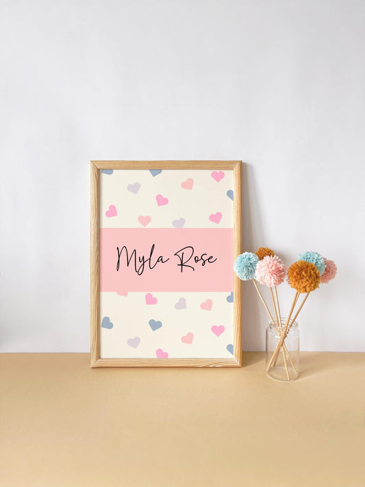 personalised cute girly heart print for girls bedroom, playroom or nursery