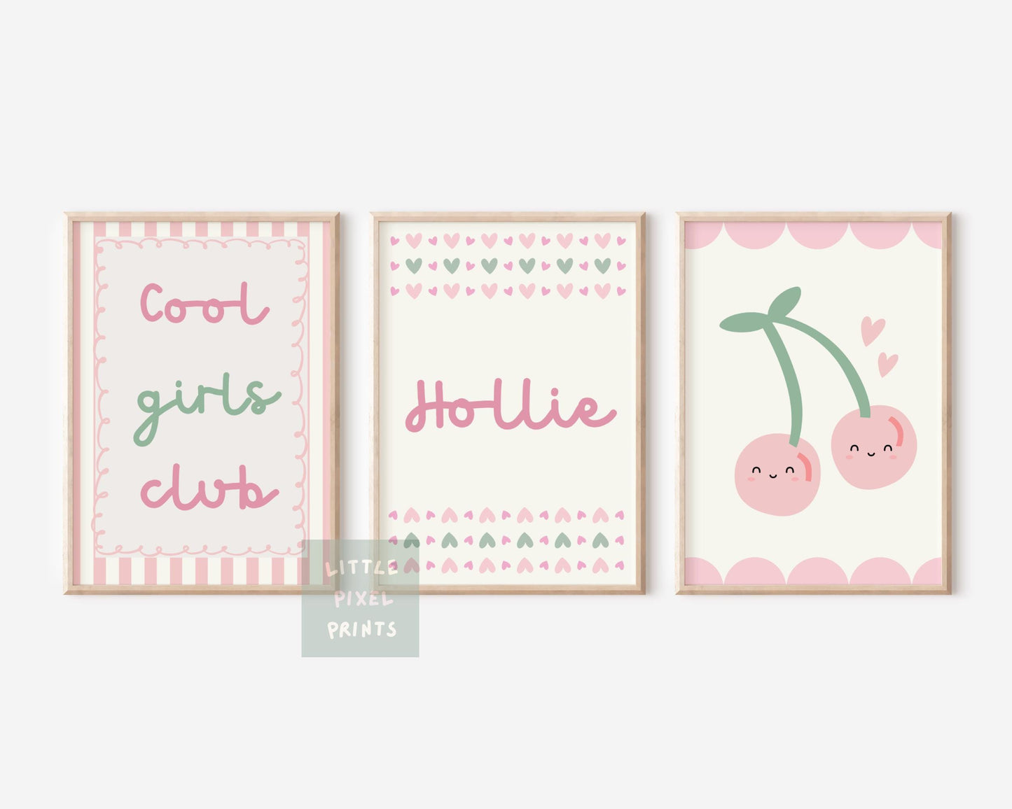 personalised girls cool club set of 3,  happy cherry wall art set, girls room decor