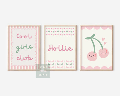 personalised girls cool club set of 3,  happy cherry wall art set, girls room decor