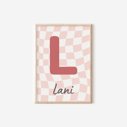 Personalised Pink Initial Print, Retro Checkered Nursery Decor