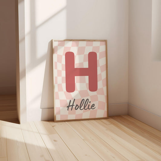 Personalised Pink Initial Print, Retro Checkered Nursery Decor