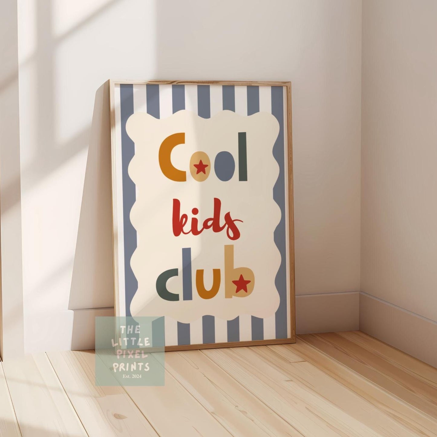 Cool kids club print with stripey background, scalloped kids retro bedroom playroom