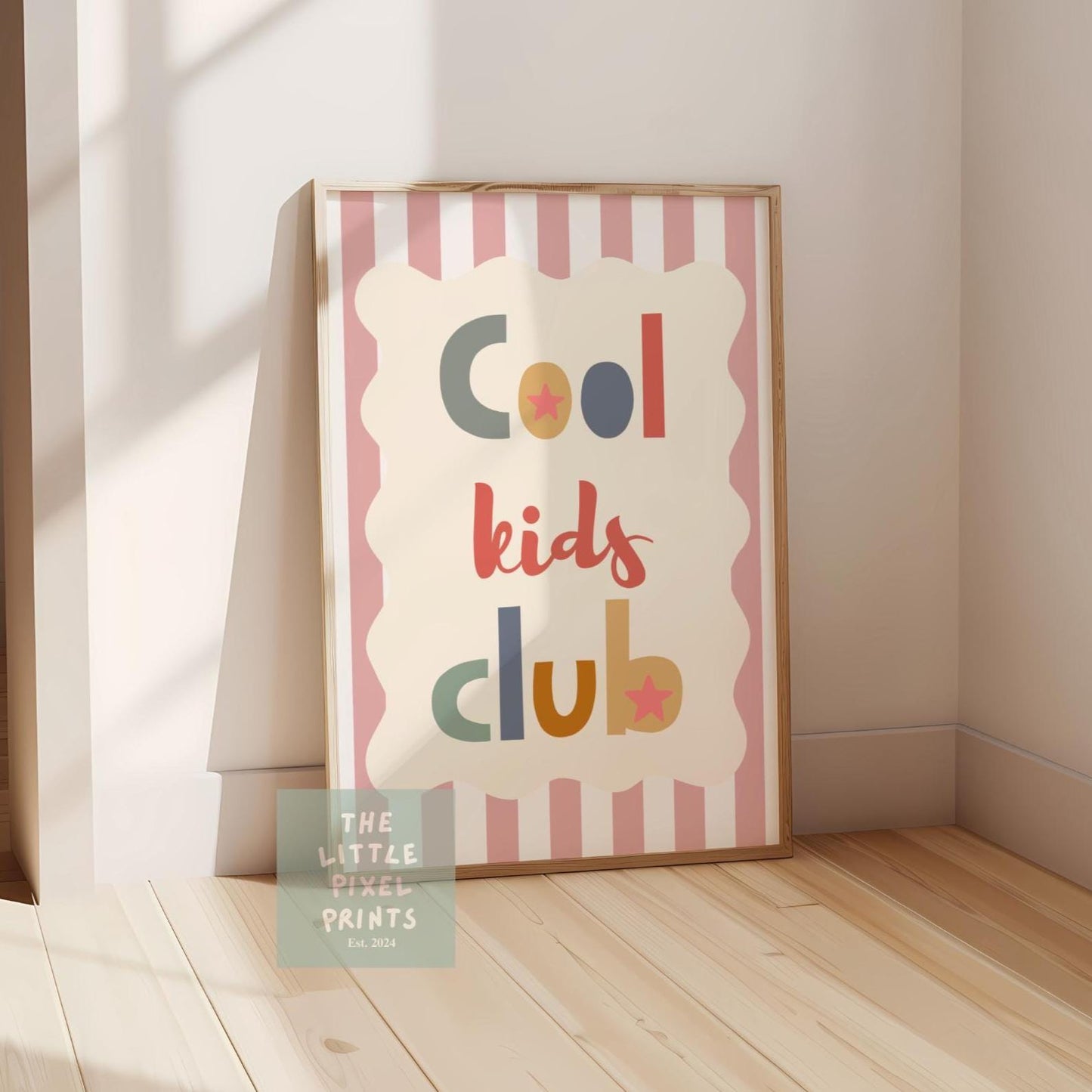 Cool kids club print with stripey background, scalloped kids retro bedroom playroom
