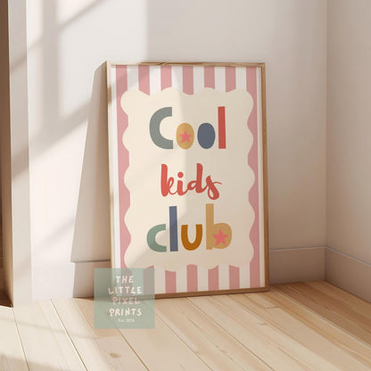 Cool kids club print with stripey background, scalloped kids retro bedroom playroom