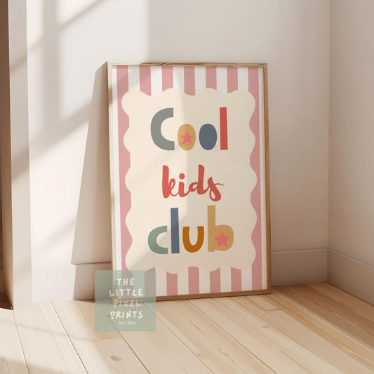 Cool kids club print with stripey background, scalloped kids retro bedroom playroom