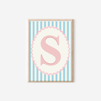 girls pink and blue scallop initial wall print for bedroom or nursery