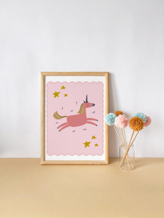 pink scallop border unicorn print for girls bedroom, nursery or playroom