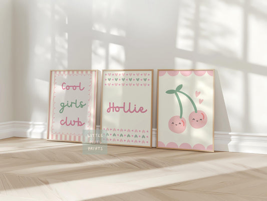 personalised girls cool club set of 3,  happy cherry wall art set, girls room decor