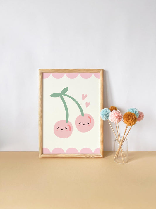 happy cherry girls pink wall print for childrens bedroom, nursery or playroom,