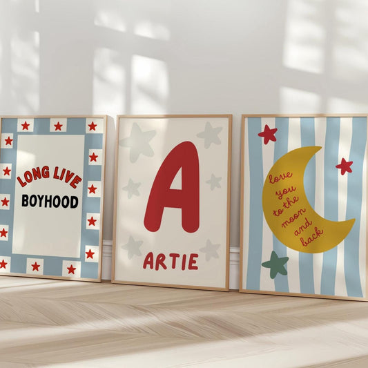 long live boyhood set of personalised 3 wall prints for childrens bedroom